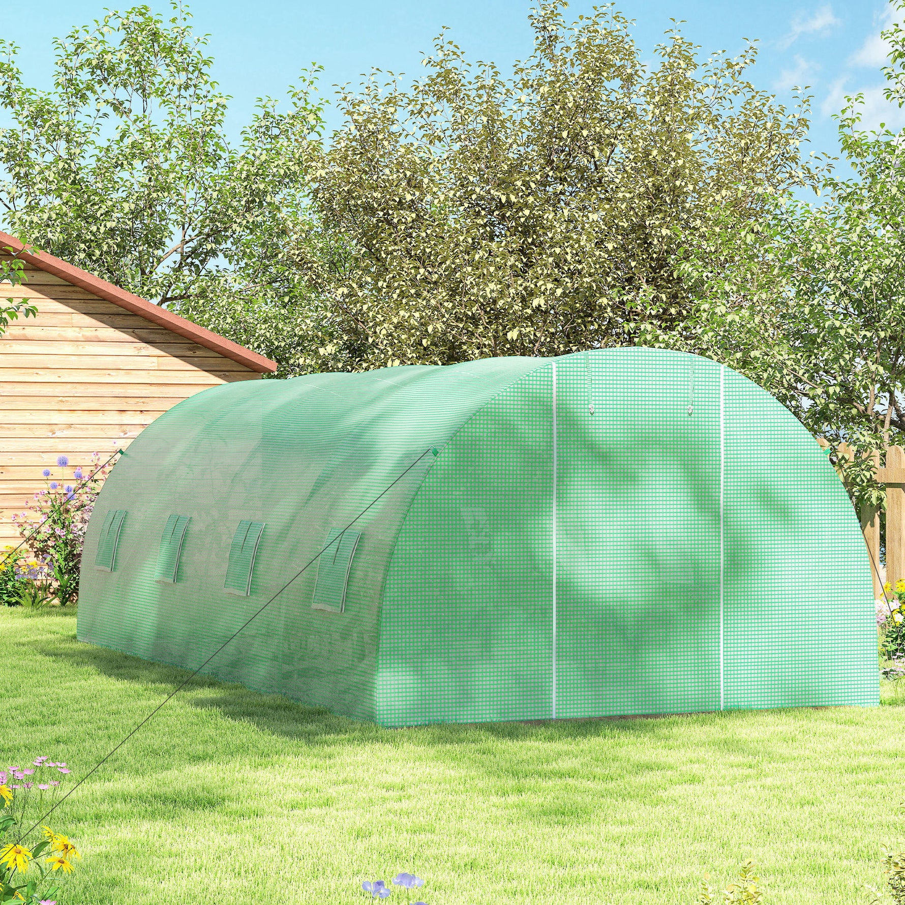 Serre de Jardin Tunnel 18 m² dim. 6L x 3l x 2H m - 8 fenêtres, Porte zippée Enroulable - châssis Tubulaire Acier galvanisé, bâche PE Haute densité Vert