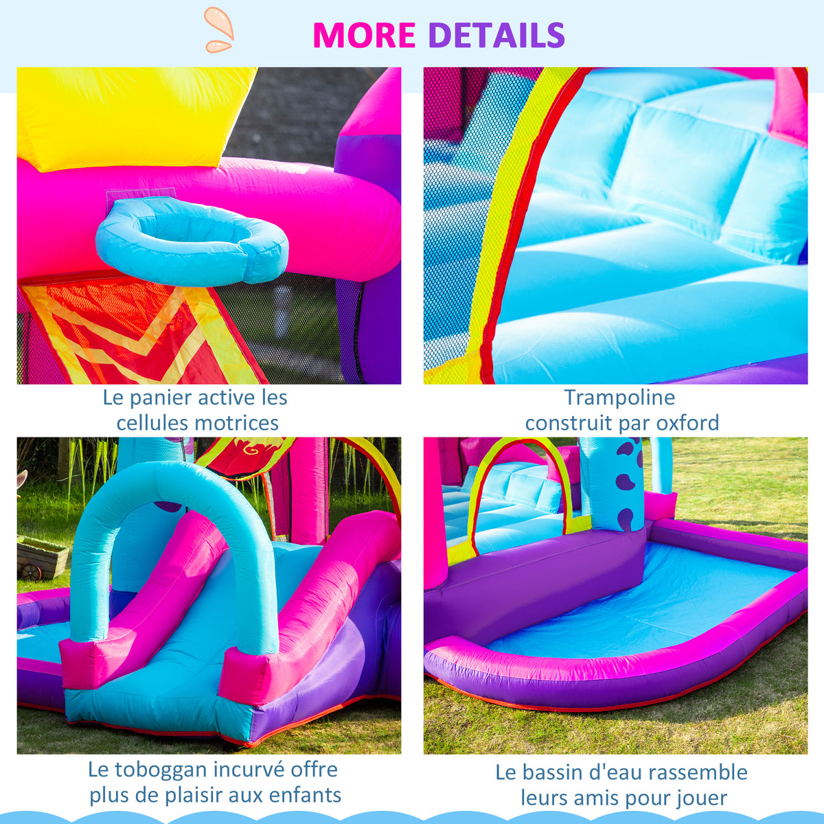 Château Gonflable avec Toboggan, Trampoline, Aire de Jeux Piscine et Panier Jusqu'à 3 Enfants +3 Ans gonfleur et Sac de Transport Souffleur 350W inclus dim. 300L x 270l x 200H cm Multicolore