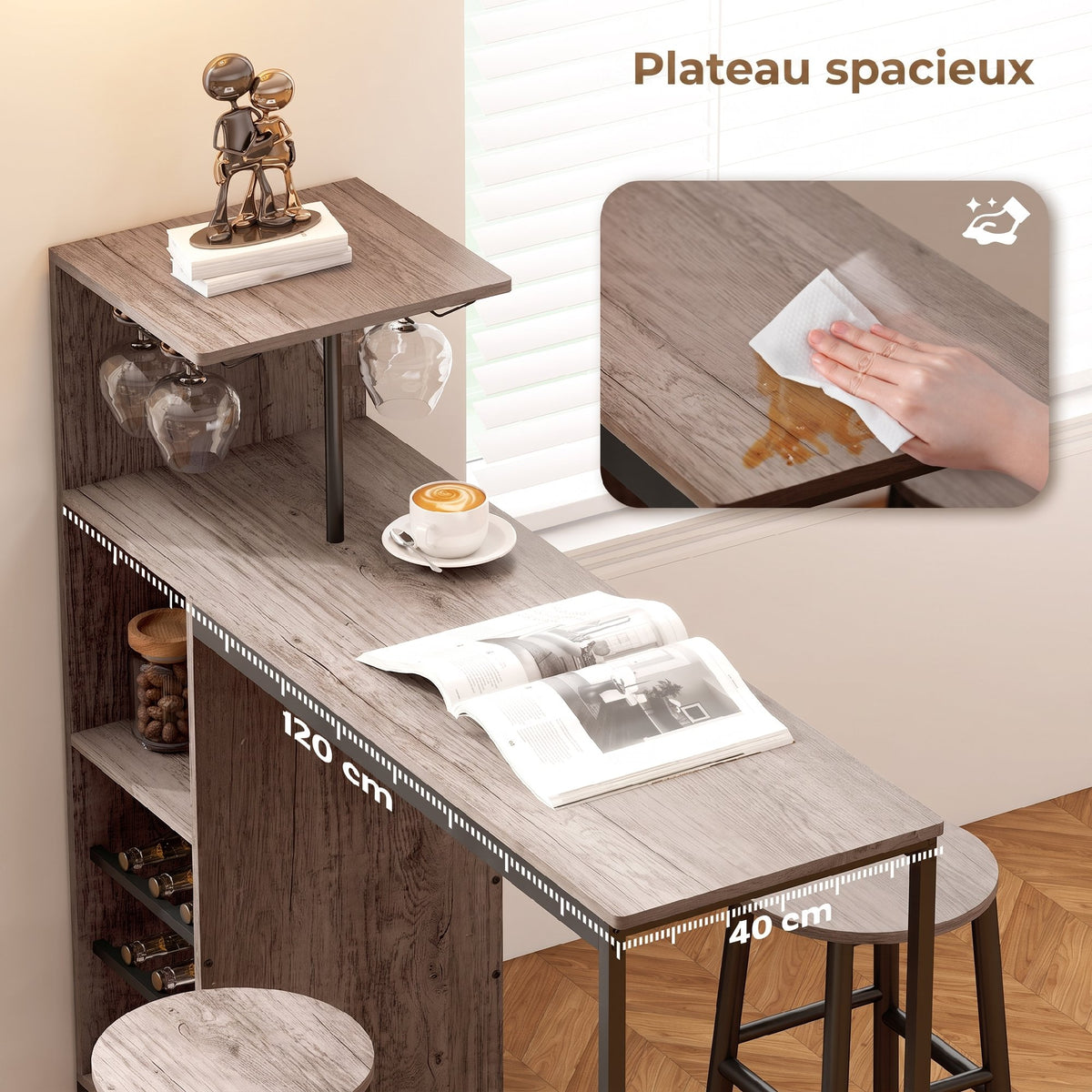 Ensemble table de bar avec tabourets, table à manger debout avec 2 chaises de bar étagères, casiers à vin, gris