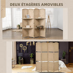 Paravent séparateur de pièce 4 panneaux 160 x170 cm avec 2 étagères, pliable, en bois