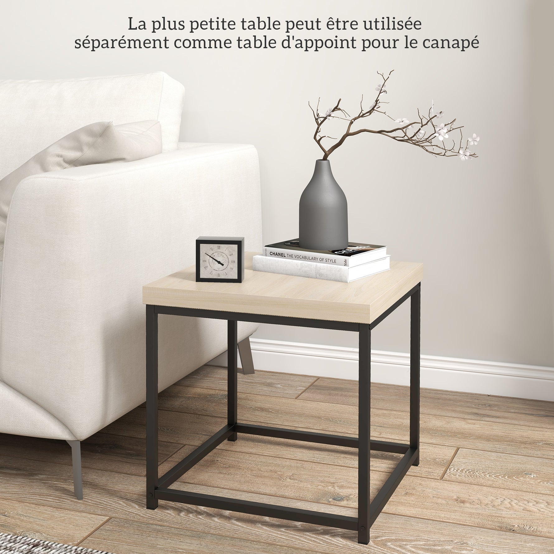 Lot de 2 tables gigognes tables basses carrées tables de salon cadre en acier et plateaux en panneaux de particules