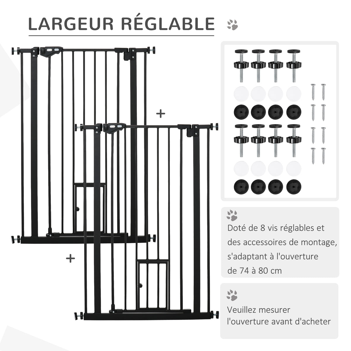 Lot de 2 barrières de sécurité animaux de 104H cm avec système de double verrouillage sans percage de 74 à 80 cm