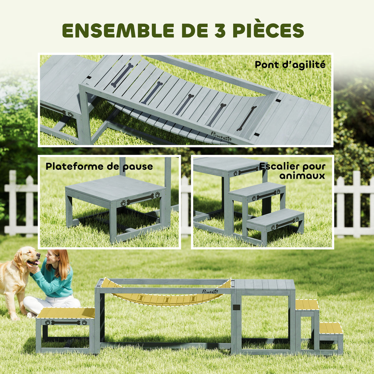 Dog agility training equipment 3-piece solid wood dog agility kit gray