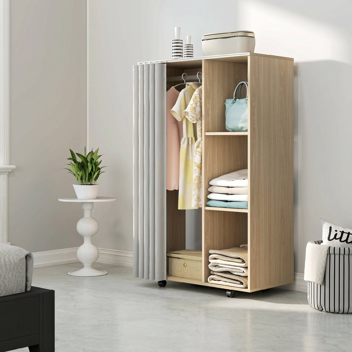Armoire penderie vêtement dressing mobile 4 roulettes tringle à vêtements et étagères 80x40x128cm, effet bois naturel