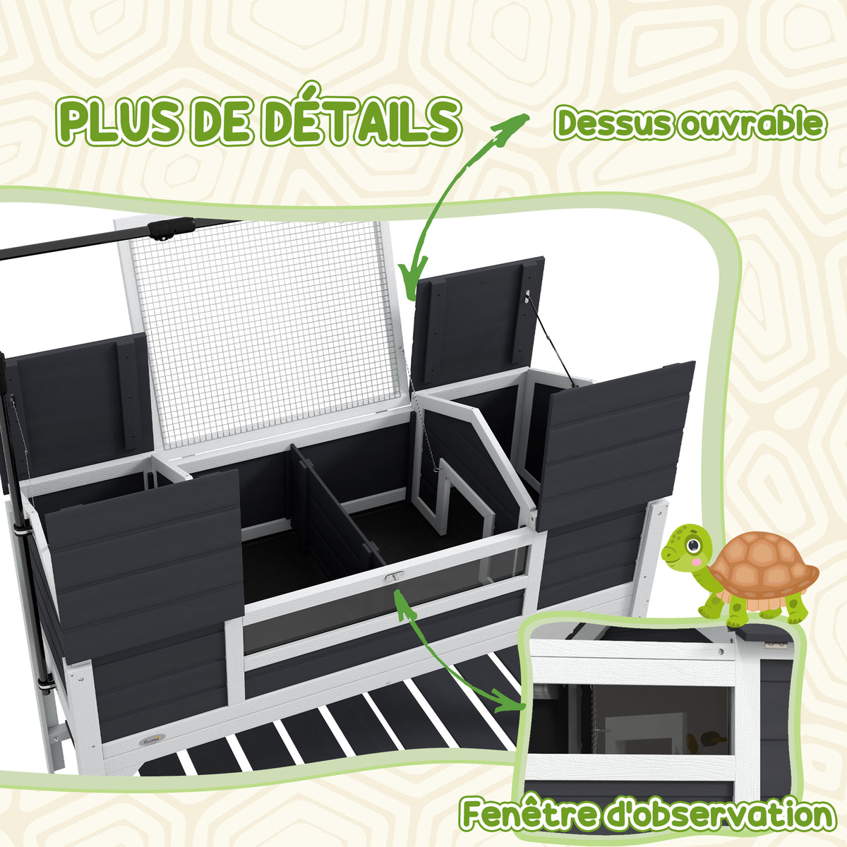 Maison tortue terrestre extérieure enclos tortue 2 niches support de lampe réglable bois massif 122 x 56,5 x 93 cm gris