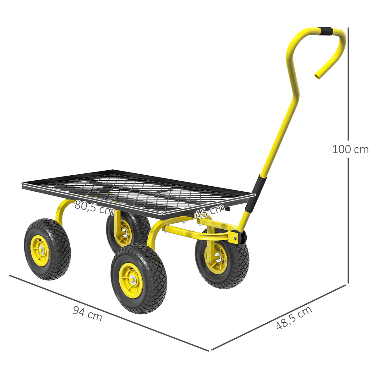 Chariot de transport jardin remorque à main charrette à bras 4 roues 94 x 48,5 x 100 cm charge max. 150 Kg métal jaune