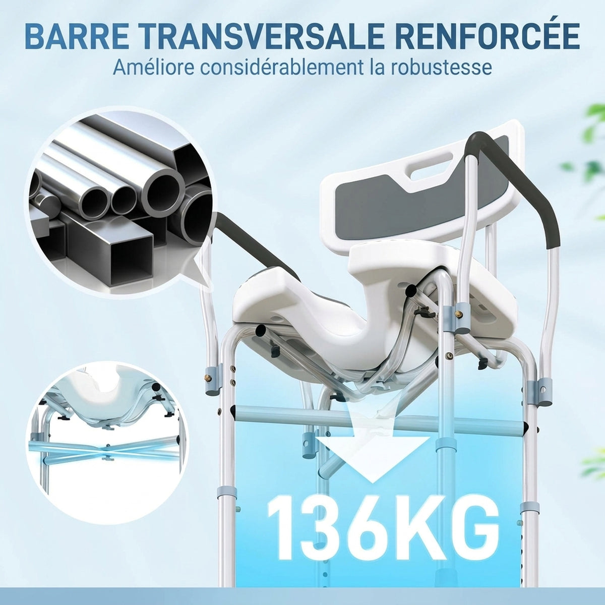 Tabouret de douche, tabouret de bain avec siège rembourrée en U amélioré et accoudoirs, hauteur réglable, gris