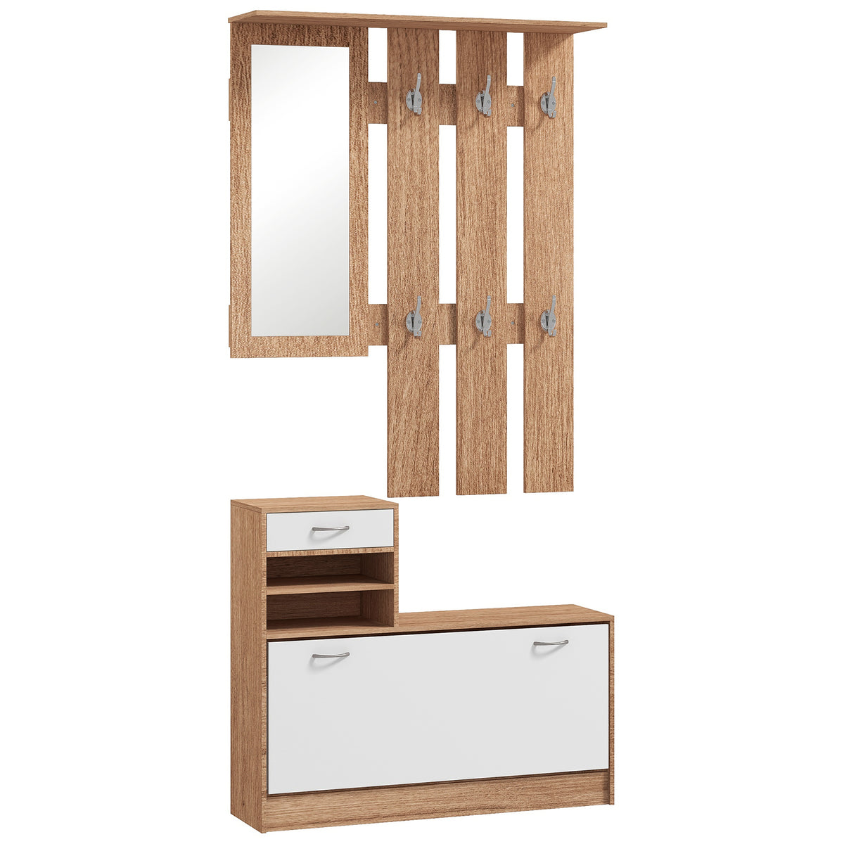 Mueble de recibidor tipo vestidor con panel perchero, espejo y zapatero - 6 ganchos y estante ajustable