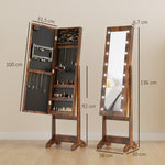 Armoire à bijoux armoire de rangement sur pieds boîte à bijoux avec miroir multi-rangements éclairage LED brun rustique