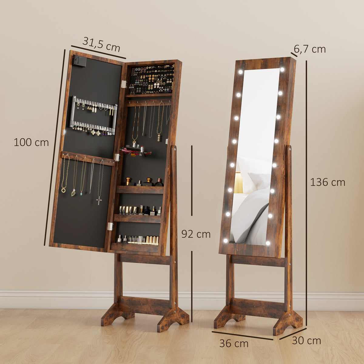 Armoire à bijoux armoire de rangement sur pieds boîte à bijoux avec miroir multi-rangements éclairage LED brun rustique