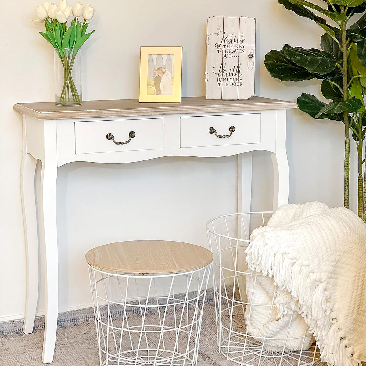 Table Console Table d'entrée Bout de Canapé Style Mexicain 2 tiroirs dim. 87L x 34l x 78H cm MDF Bois Massif pin Clair Blanc