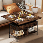 Table basse relevable et extensible, table de salon avec compartiment caché étagères ouvertes, 98x49x55cm, brun rustique-1