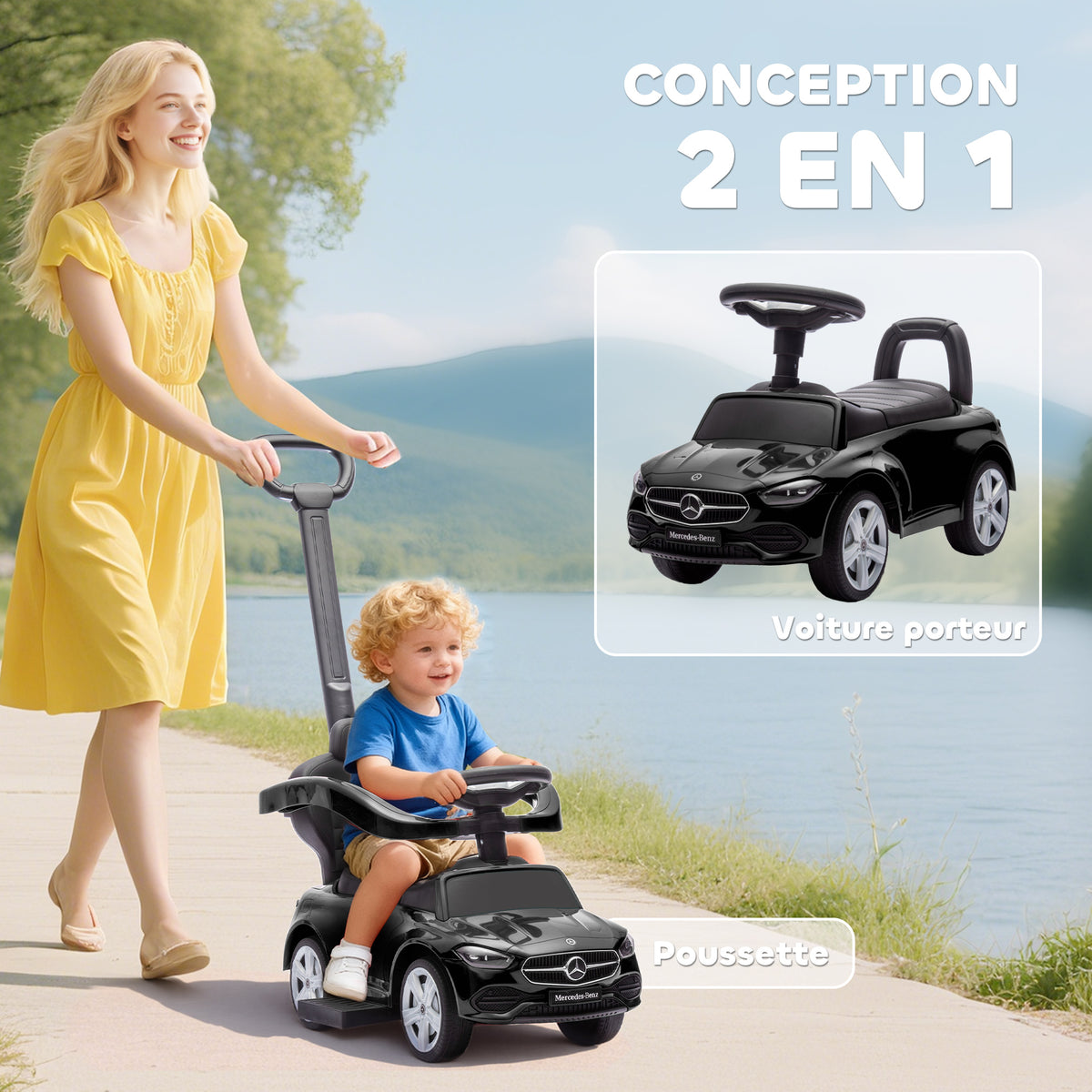 Porteur enfants Mercedes-Benz sous licence, porteur voiture à pousser avec poignée amovible, 91 x 40 x 83 cm, noir