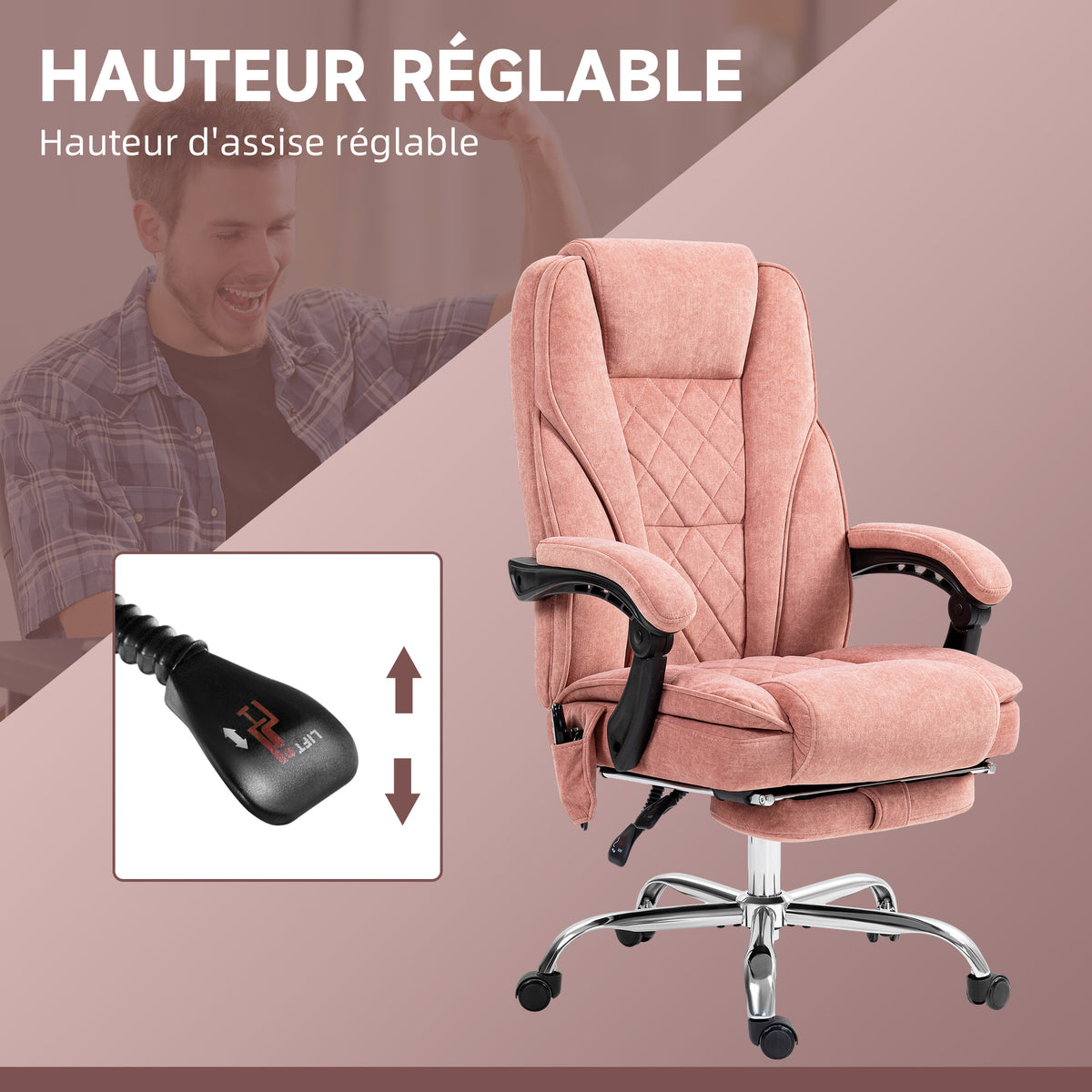 Fauteuil de bureau massant et chauffant hauteur réglable dossier inclinable télécommande repose-pieds rétractable rose