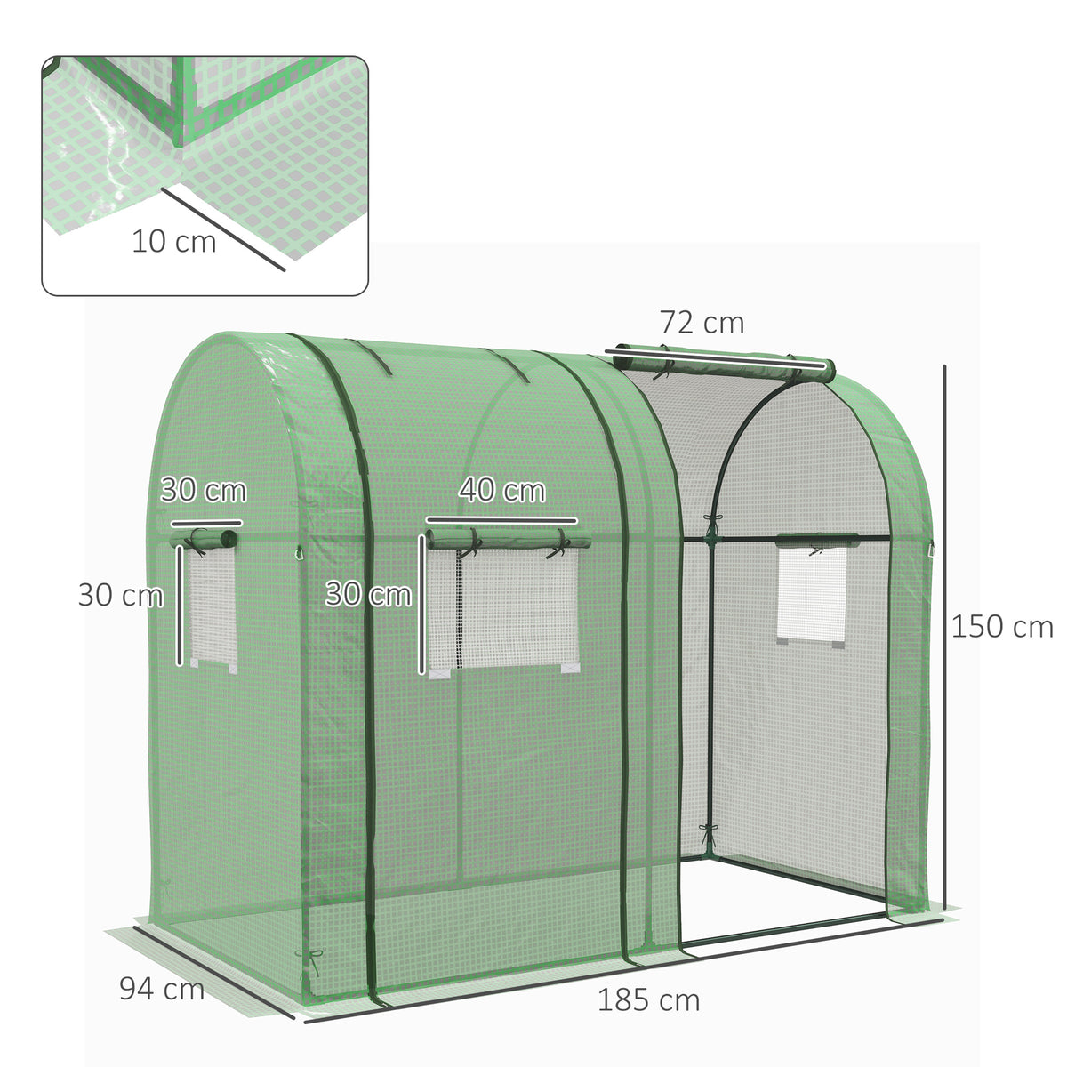 Serre de jardin 1,8 m² dim. 1,85L x 0,9l x 1,5H m 2 Portes zippées déroulantes 4 fenêtres enroulables Acier PE Vert