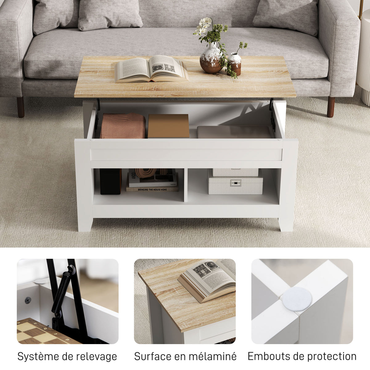 Table basse plateau relevable, table de salon avec étagères et compartiment caché,105 x 50 x 49-62,5 cm blanc