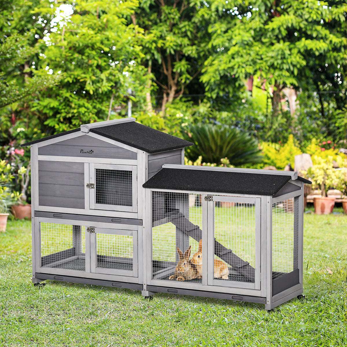 Clapier bois pour lapins petit enclos animaux villa pour lapin sur roulettes 2 étages gris