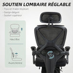 Chaise Bureau Ergonomique avec Appui-Tête Réglable, Fauteuil de Bureau Inclinable en Maille, Dossier Séparé, Noir