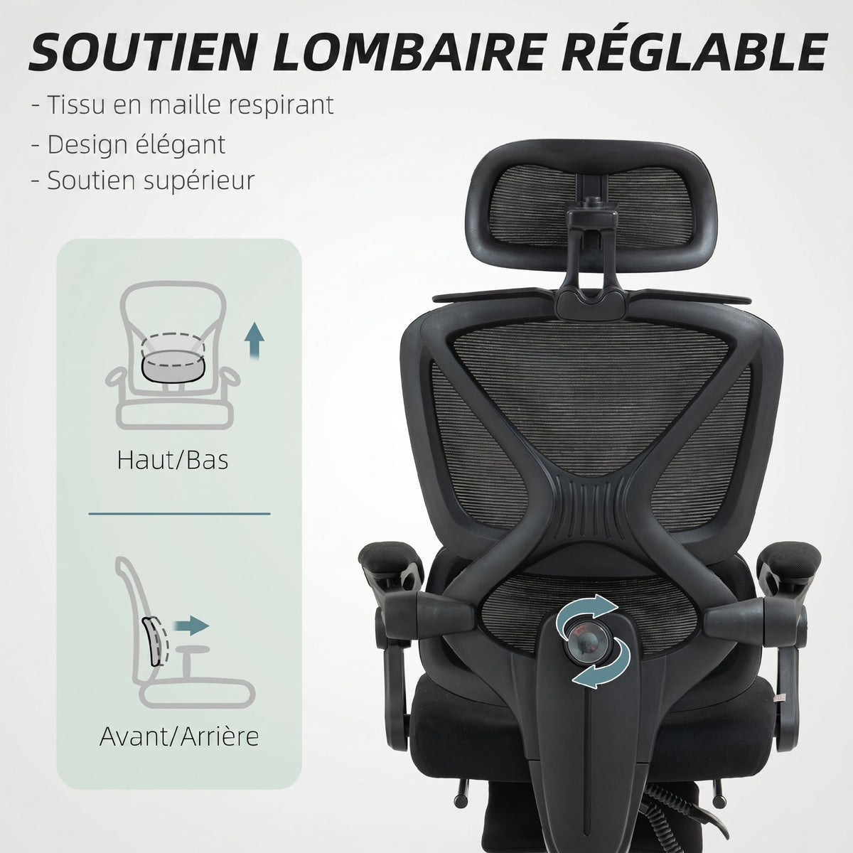 Chaise Bureau Ergonomique avec Appui-Tête Réglable, Fauteuil de Bureau Inclinable en Maille, Dossier Séparé, Noir