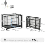Cage pour chien pliable cage de transport sur roulettes 2 portes verrouillables plateau amovible dim. 94L x 58l x 69,5H cm métal gris noir
