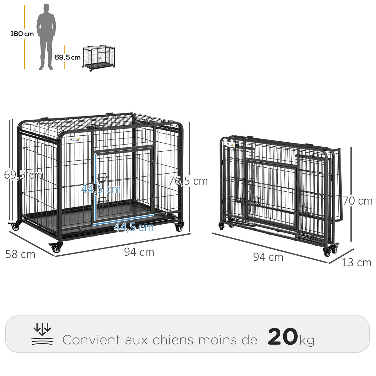 Cage pour chien pliable cage de transport sur roulettes 2 portes verrouillables plateau amovible dim. 94L x 58l x 69,5H cm métal gris noir