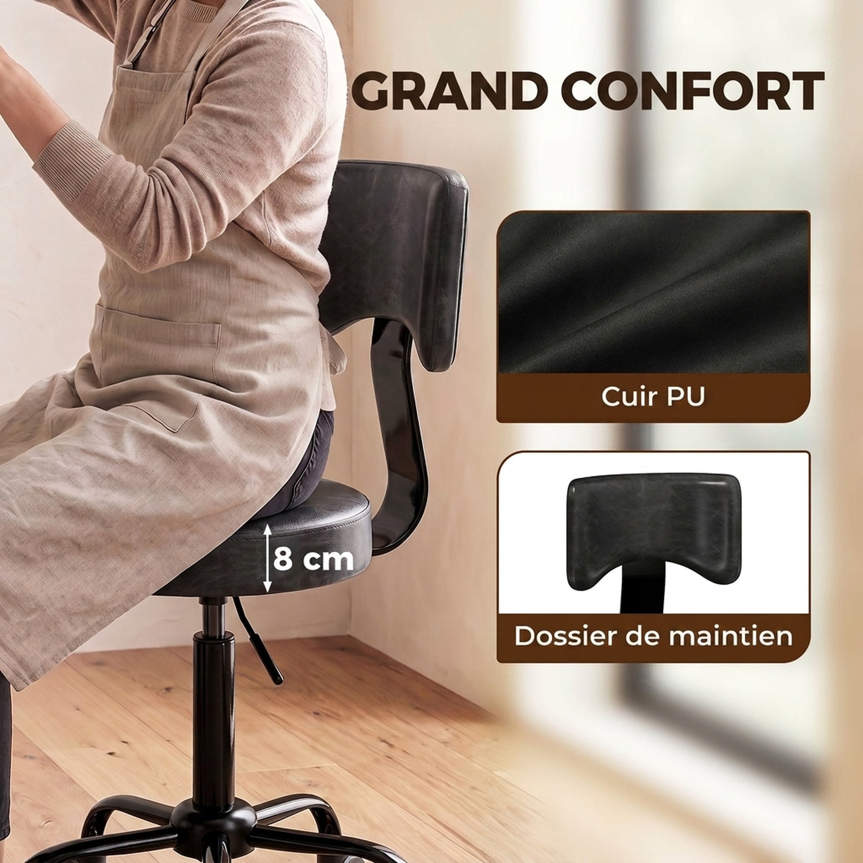 Tabouret à Roulettes, Hauteur Réglable 72-87,5cm, Tabouret de Massage Assise et Dossier Rembourrés, Pivotant 360°, Noir