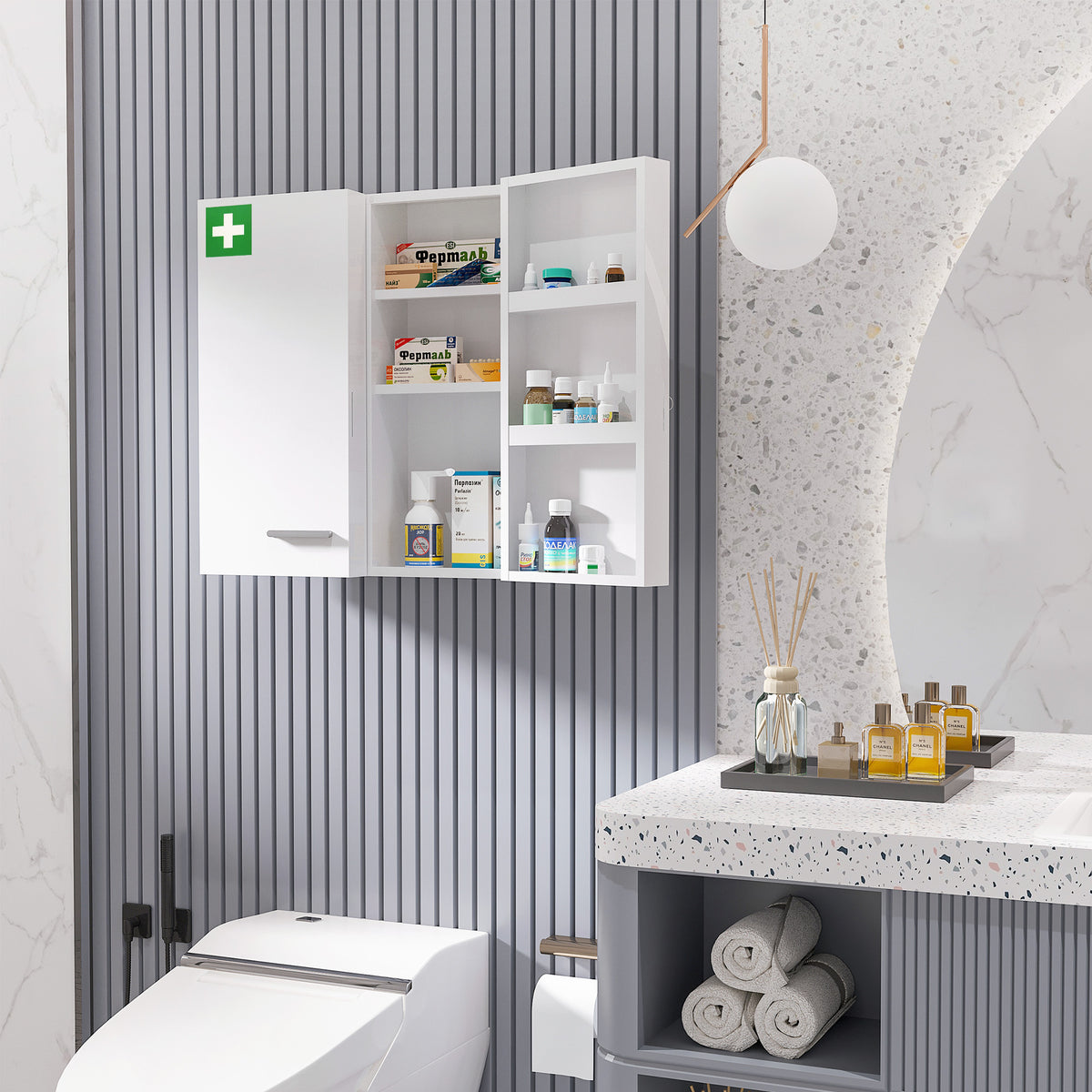 Armoire à pharmacie 6 étagères avec serrure et 2 clés de sécurité, 55x18x60 cm, blanc
