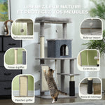 Arbre à Chat Tour de Jeux pour Chats Centre d'Activités avec Poteaux à Griffer en Sisal Niche Hauteur 132 cm Gris