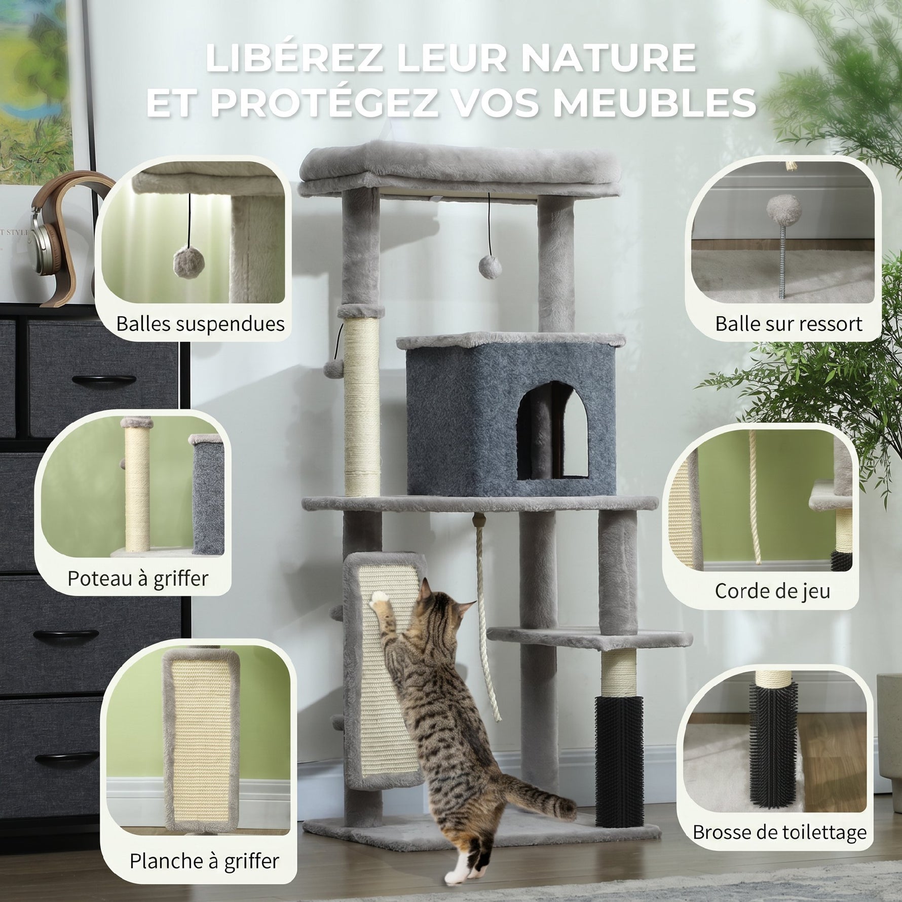 Arbre à Chat Tour de Jeux pour Chats Centre d'Activités avec Poteaux à Griffer en Sisal Niche Hauteur 132 cm Gris