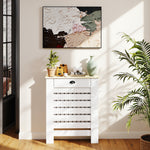 Couvercle de radiateur cache radiateur grille à lattes horizontales avec 2 tiroirs en bois 78l x 19P x 95,5H cm blanc