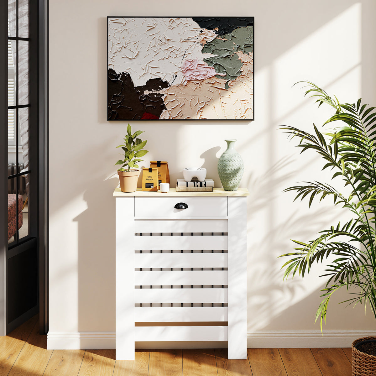 Couvercle de radiateur cache radiateur grille à lattes horizontales avec 2 tiroirs en bois 78l x 19P x 95,5H cm blanc