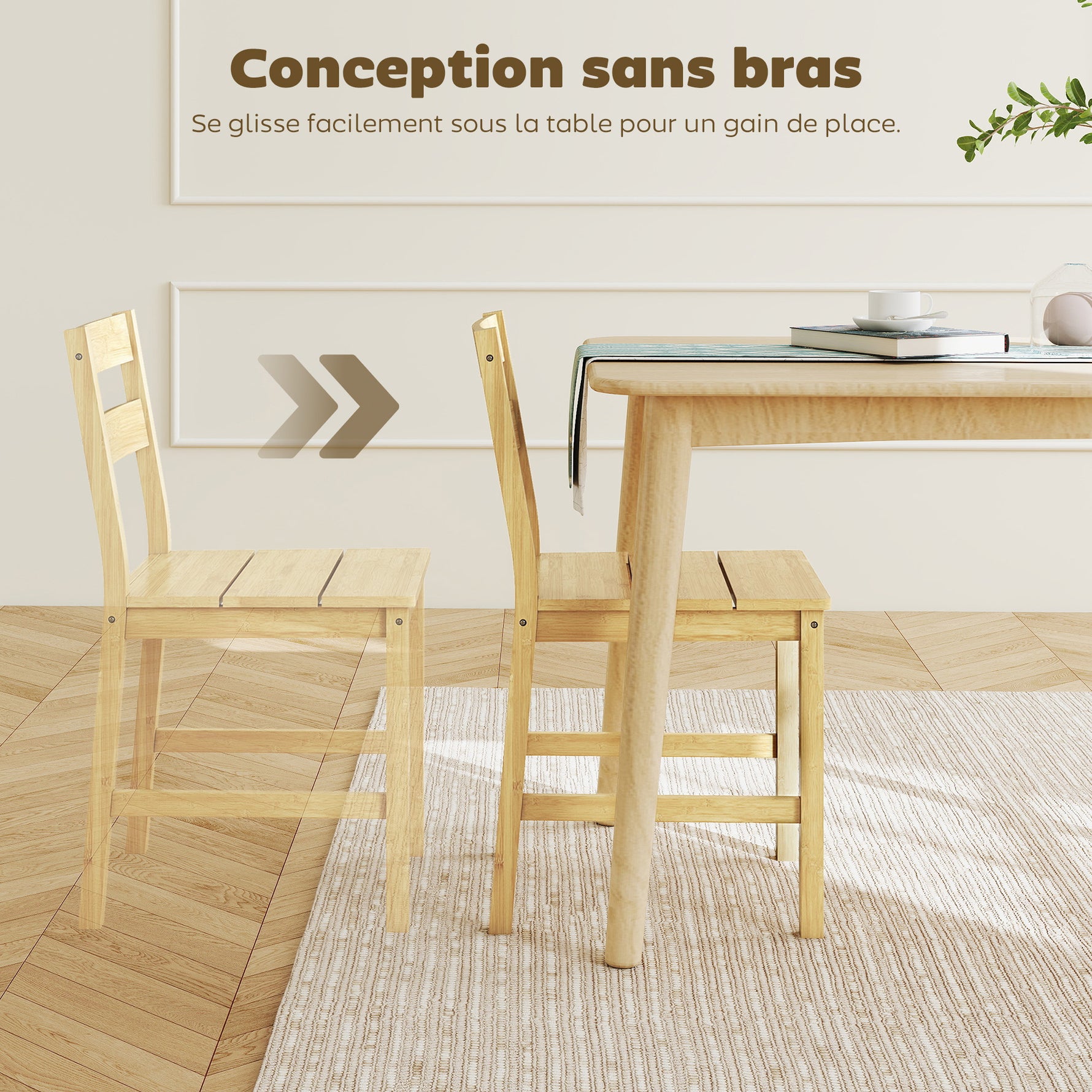 Lot de 2 chaises de salle à manger en bambou, chaises de cuisine sans accoudoirs avec assise à lattes, bois naturel