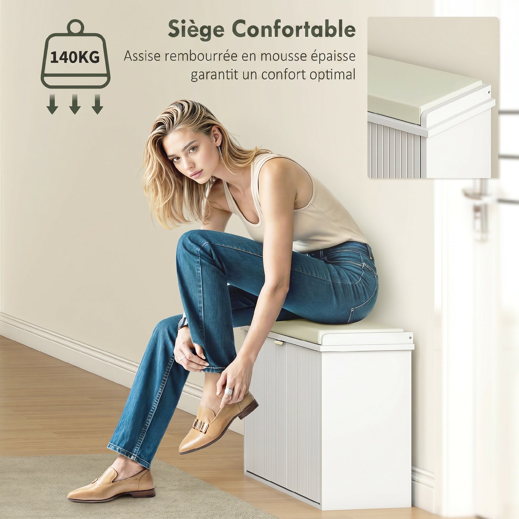 Banc à chaussures avec coussin d'assise rembourré et tiroir rabattable pour couloir, chambre, 80 x 26 x 47,5 cm, blanc