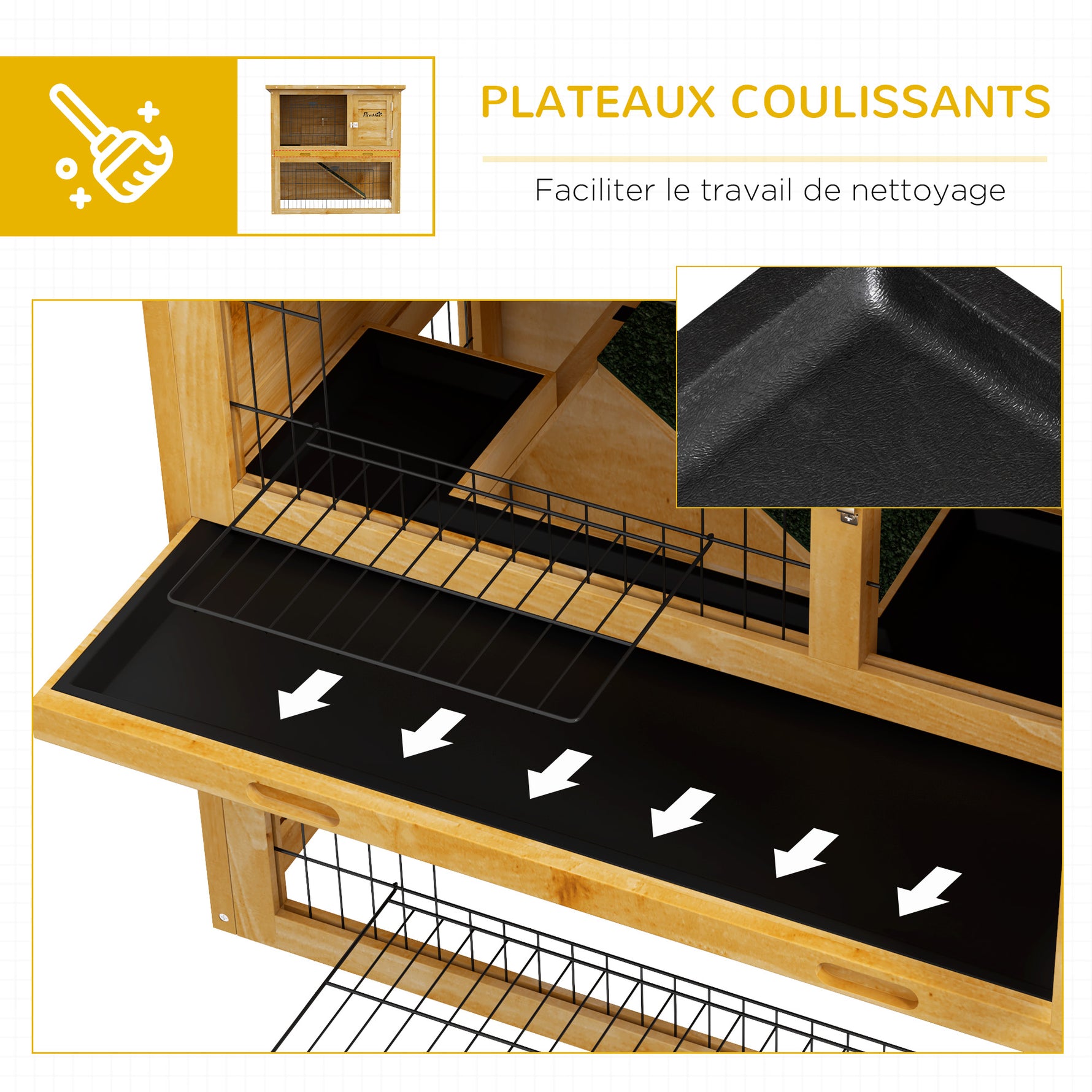 Clapier à lapin en bois 2 étages avec 3 portes plateau coulissant rampe toit bitumé 85 x 50 x 80 cm jaune