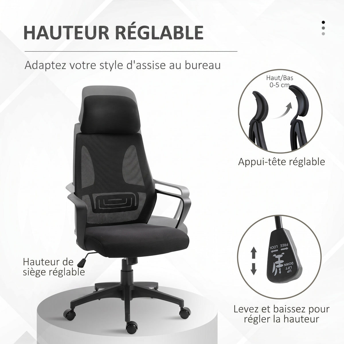 Chaise bureau ergonomique, fauteuil de bureau en maille, appui-tête, hauteur réglable, 64 x 55 x 116-126 cm, noir