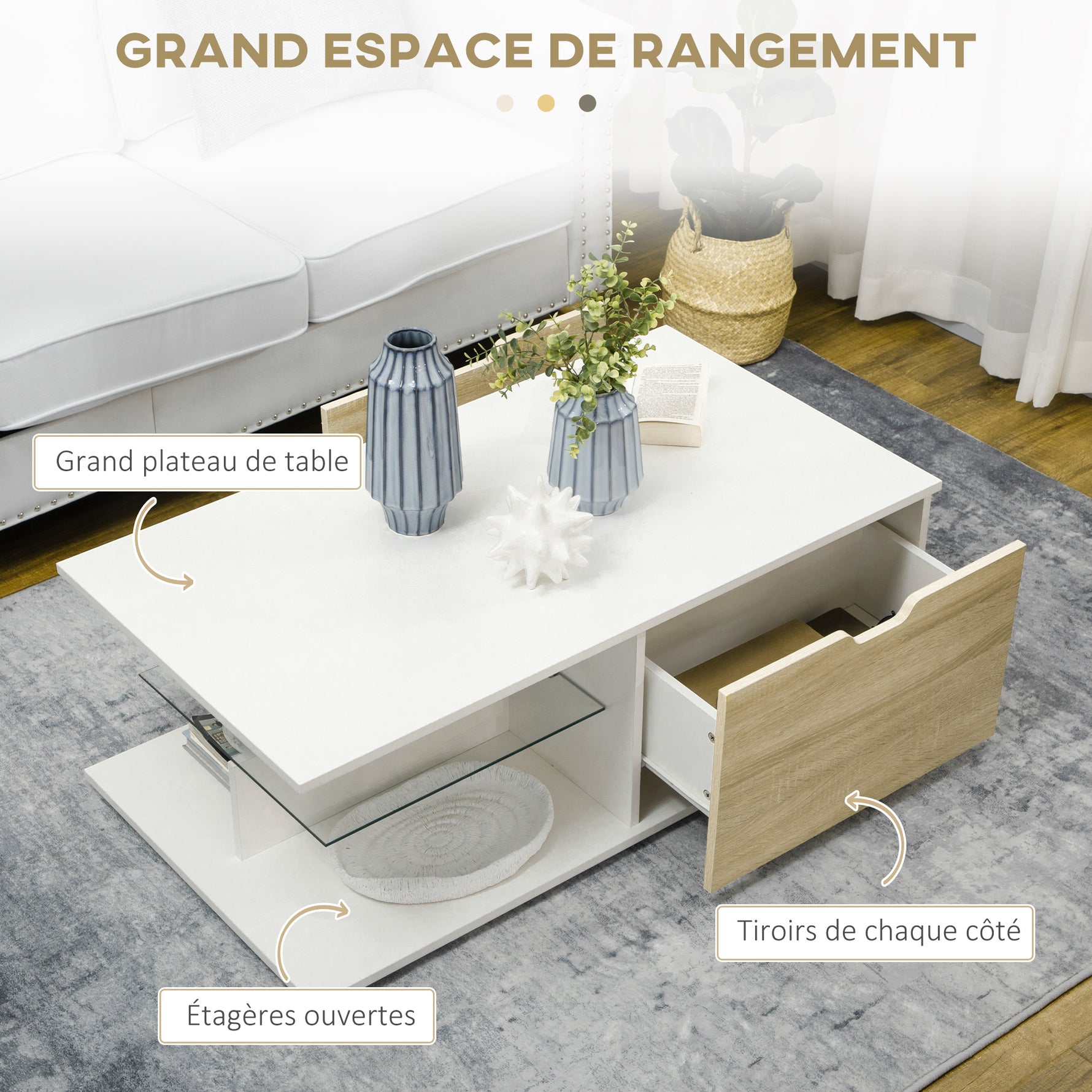 Table basse rectangulaire design contemporain 2 tiroirs 2 niches étagère verre trempé panneaux blanc aspect chêne clair