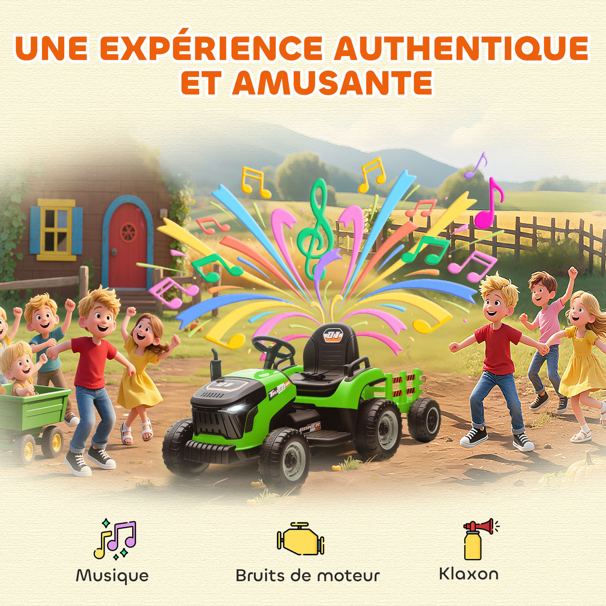 Tracteur électrique enfants avec remorque amovible, voiture électrique enfants, télécommande 2,4G, 139x58x55cm, vert