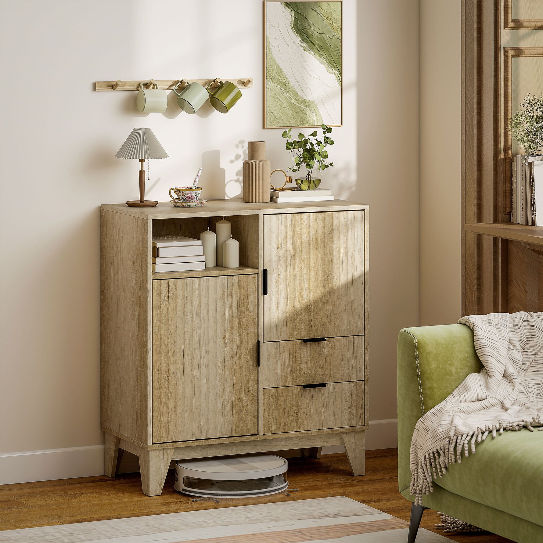 Buffet salon, meuble de rangement, 2 portes, 2 tiroirs, étagère réglable, compartiment ouvert, 80x40x90cm, bois naturel