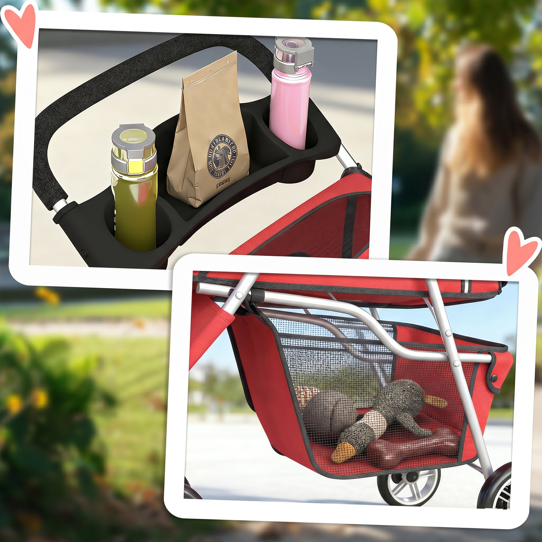 Poussette pour Chien 4 Roues, Chariot Pliable avec Auvent Réglable, Panier de Rangement, 77x44x102cm, Rouge