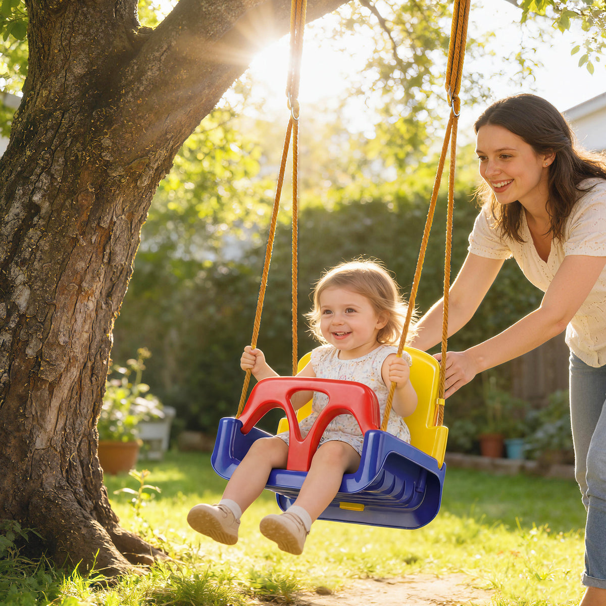Altalena 3 in 1 evolutiva per bambini con schienale e barra a T rimovibili, per interno ed esterno, altezza regolabile