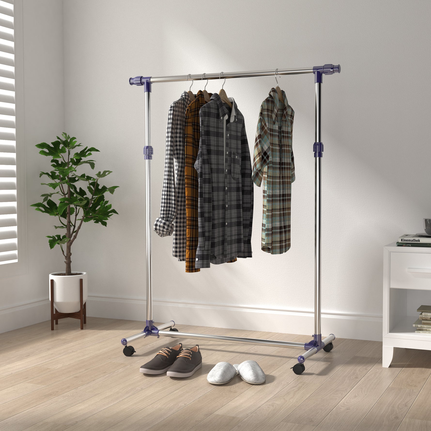 Portant à Vêtements, Tringle Réglable à Roulettes en Acier Inox, Charge Max. 25 kg, Argent