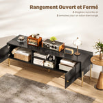 TV-meubel voor tv's tot 65", geribbelde deuren, open vakken, stalen poten, 140 x 38 x 45,9 cm, zwart