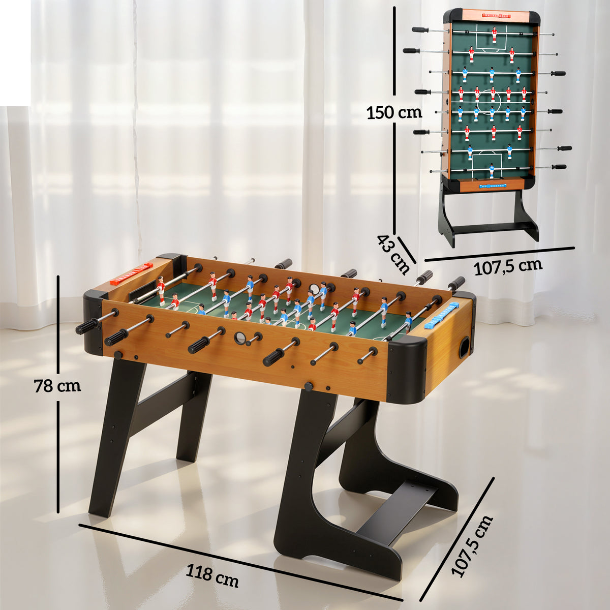 Calciobalilla pieghevole in legno, tavolo da calcio balilla pieghevole con gambe, 2 palline, 22 giocatori, 118 x 107,5 x 78 cm, marrone