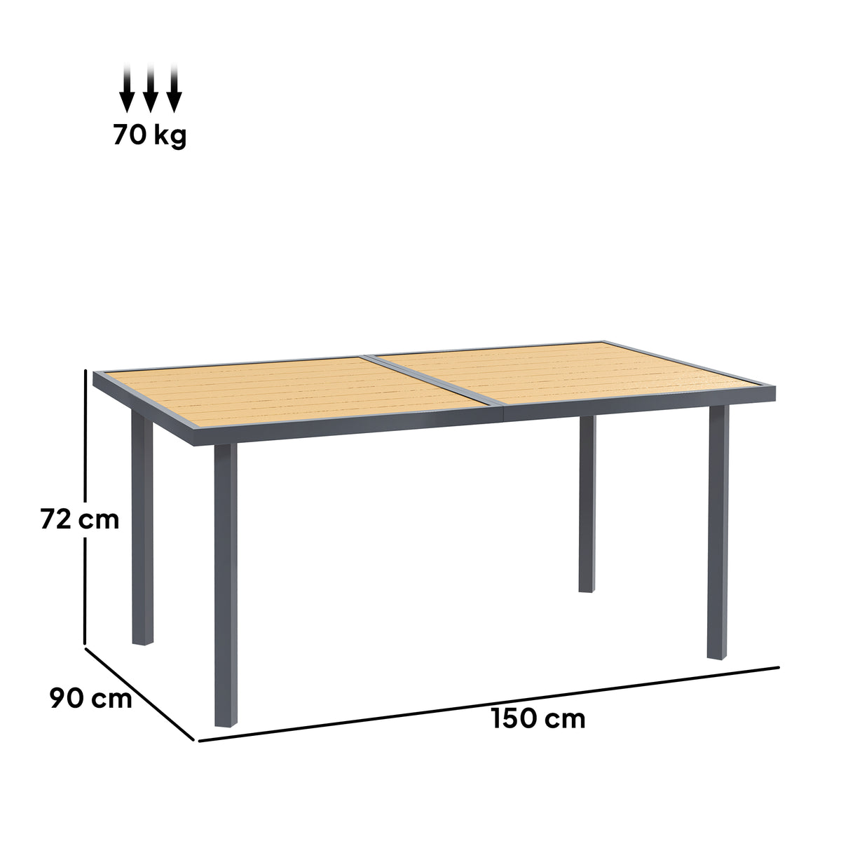 Table à manger de jardin pour 6 personnes table de jardin avec plateau effet bois en acier 150 x 90 x 72 cm bois naturel