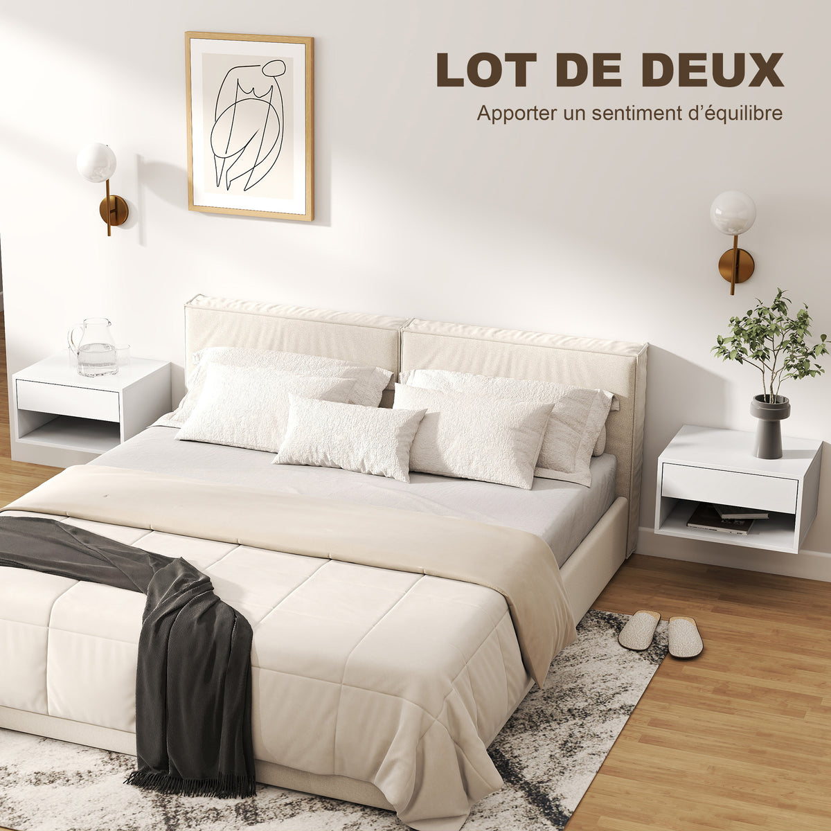 Lot de 2 tables de chevet murales, tables de nuit, tiroir, compartiment ouvert, plateau, 37 x 32 x 21 cm, blanc