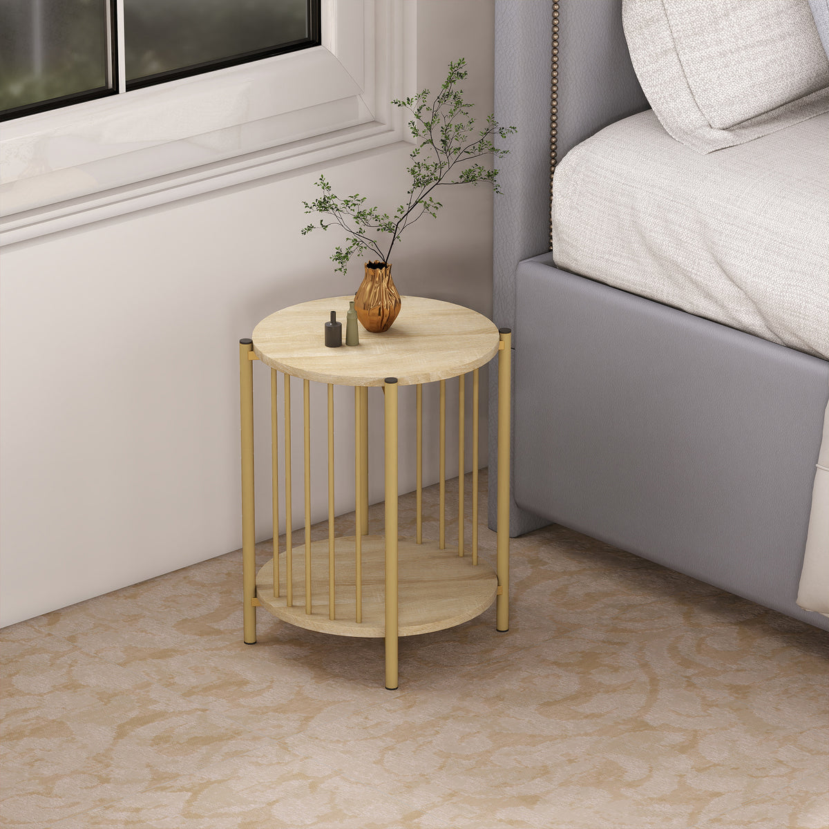 Table d'appoint, bout de canapé à 2 niveaux avec étagère de rangement et cadre en acier, Ø 41 x 49 cm effet bois naturel