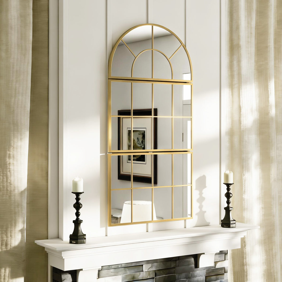 Miroir mural arqué miroir mural en forme de fenêtre ensemble de 3 pièces cadre en métal 76 x 150 cm doré