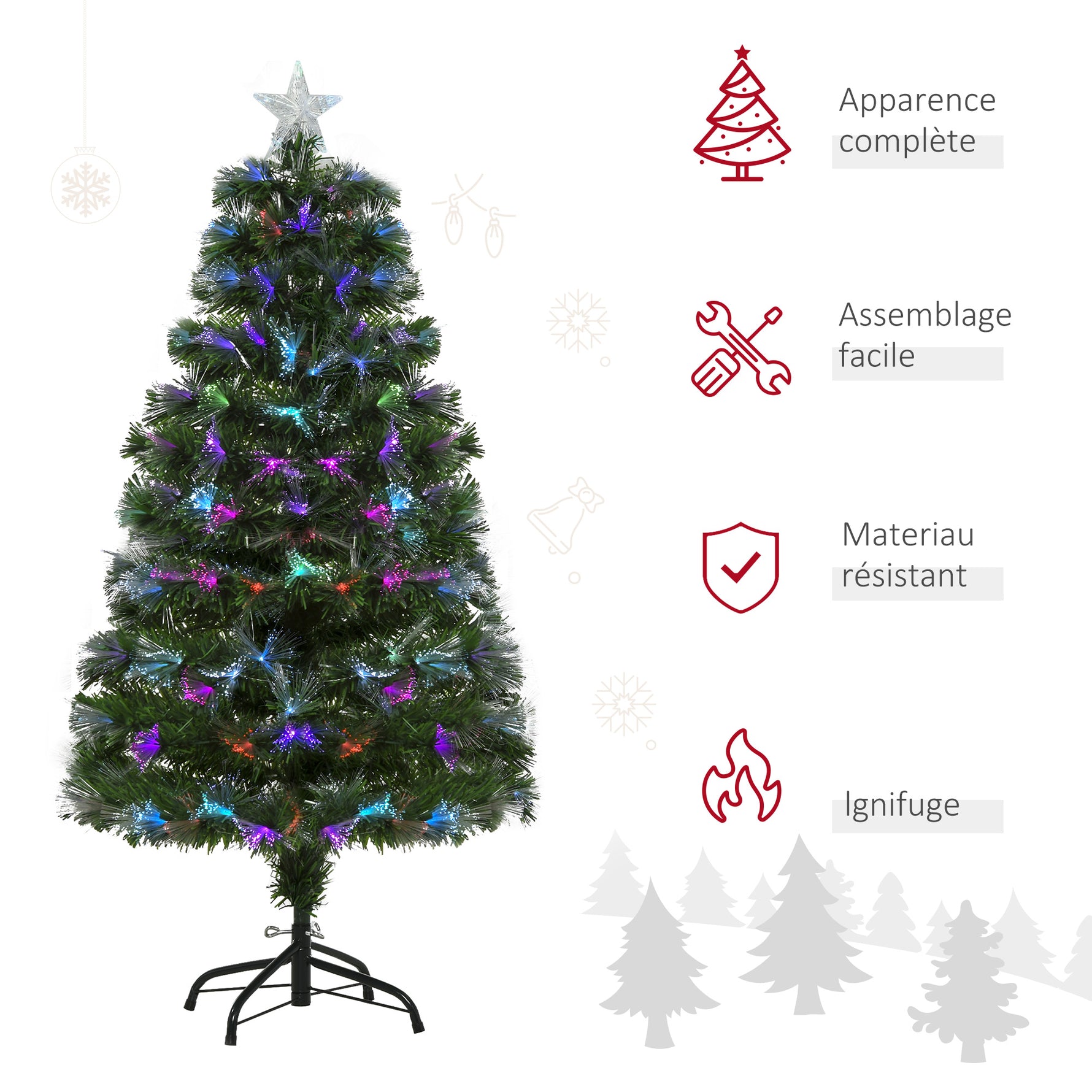 Sapin de Noël Artificiel Arbre de Noël Lumineux 120cm en Fibre Optique Deco Noël lumière à Variation de Couleurs 130 LED Vert