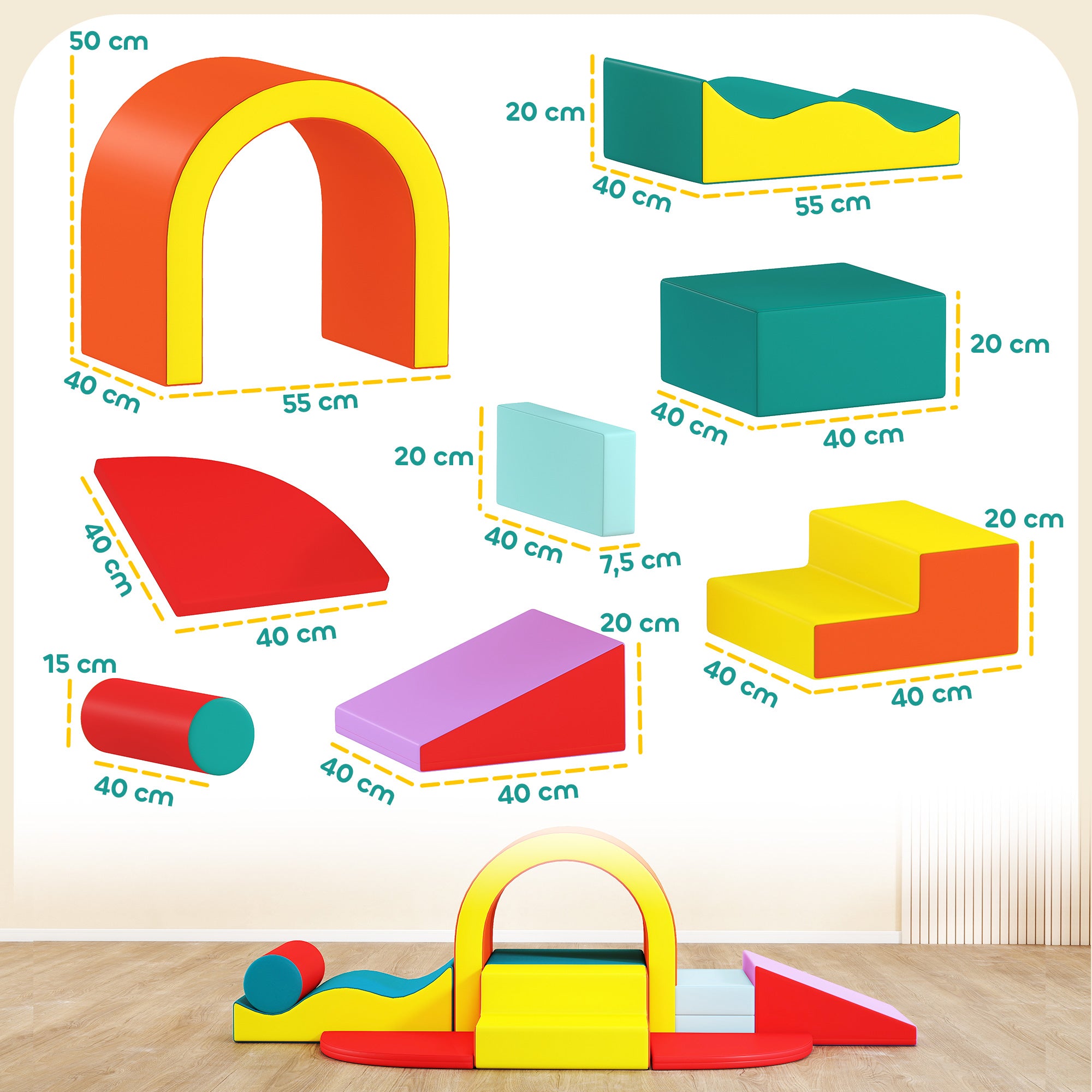 Parcours motricité bébé 10PCS, module motricité bébé en mousse EPE avec housse en revêtement PU, multicolore