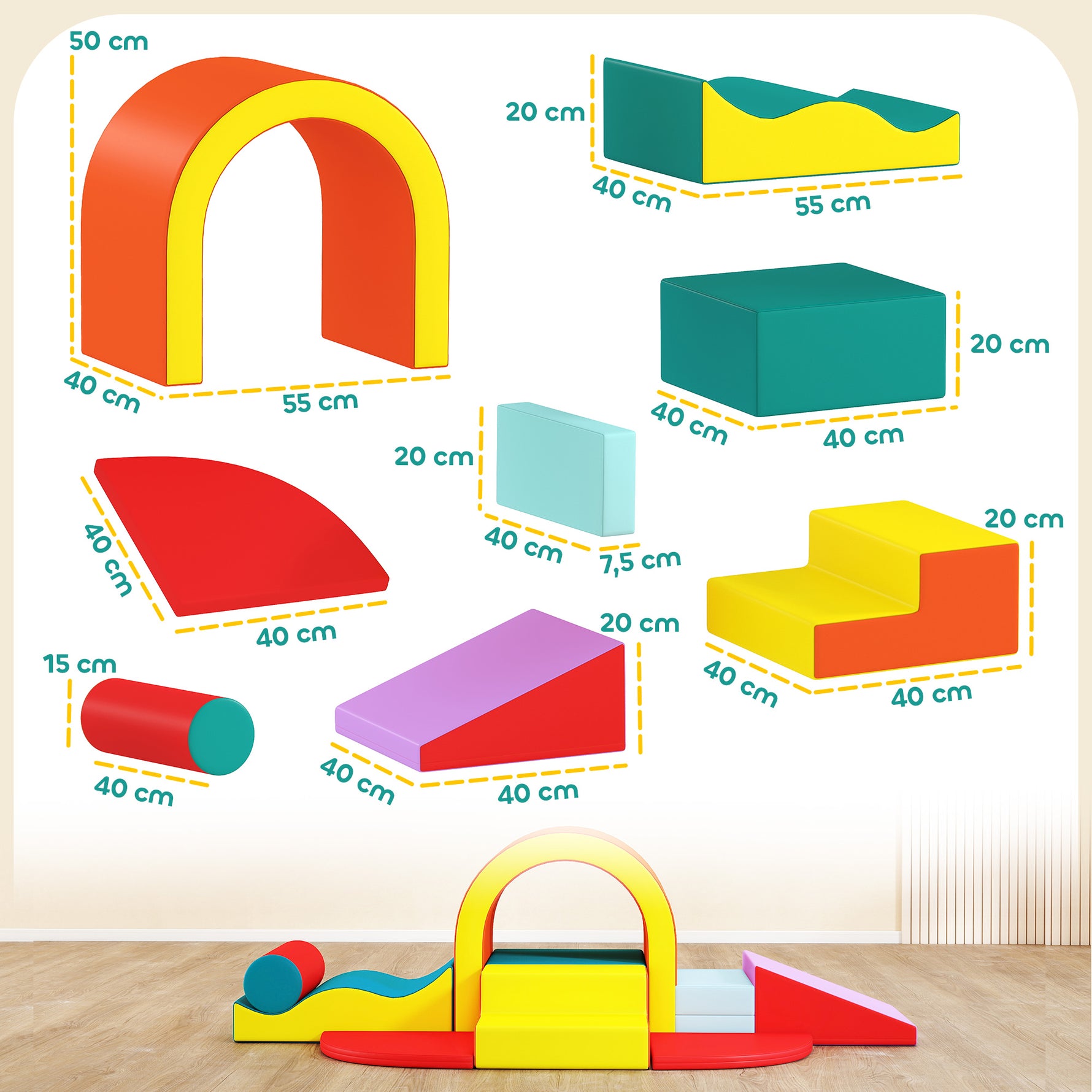 Parcours motricité bébé 10PCS, module motricité bébé en mousse EPE avec housse en revêtement PU, multicolore